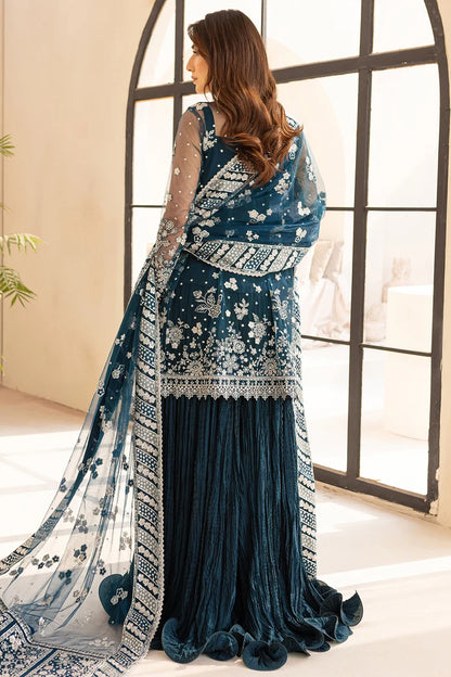 Luxury Net Suit With Crushed Lehenga - Teal Drizzer
