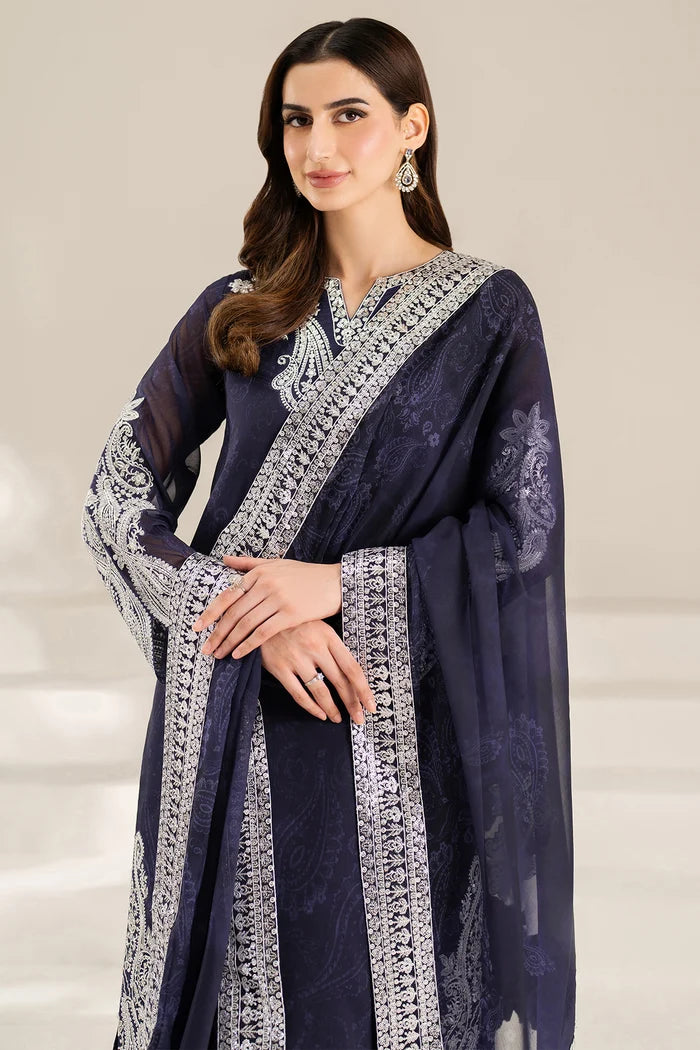Digital Printed Embroidered Chiffon Suit - Blue Dazzle