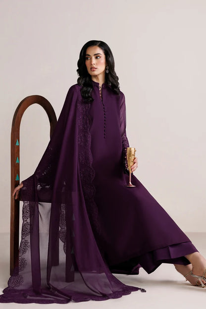 3PC Purple Embroidered Chiffon  Suit - Berry Garden