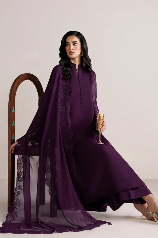 3PC Purple Embroidered Chiffon  Suit - Berry Garden