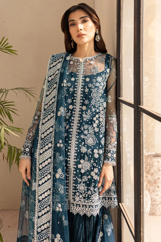 Luxury Net Suit With Crushed Lehenga - Teal Drizzer