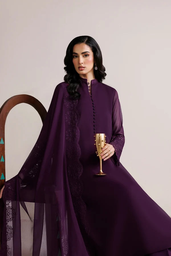 3PC Purple Embroidered Chiffon  Suit - Berry Garden