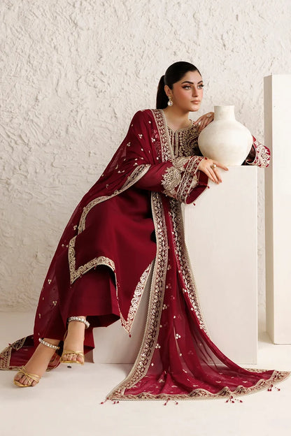 Red Embroidered Chiffon Suit - Rouge Scarlet