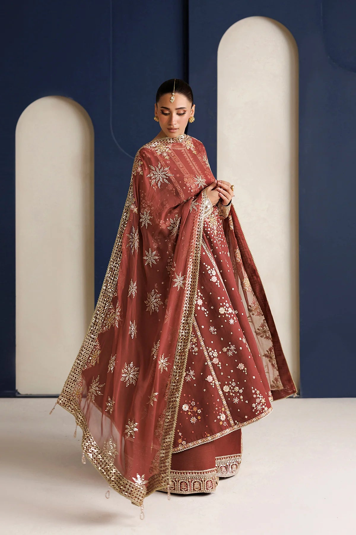 Rust Embroidered Chiffon Suit - Rust Muse