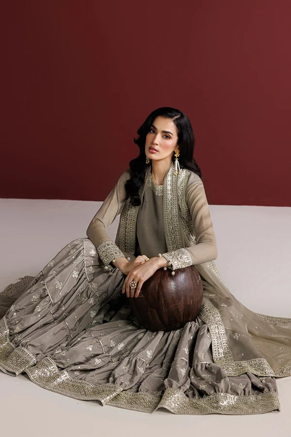 Embroidered Chiffon Flared Gharara Set - Stone Haze