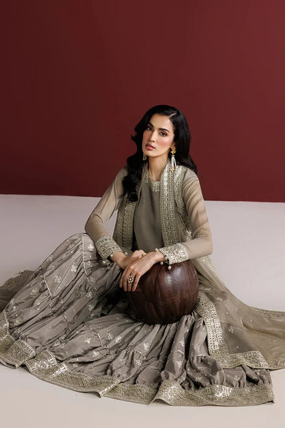 Embroidered Chiffon Flared Gharara Set - Stone Haze