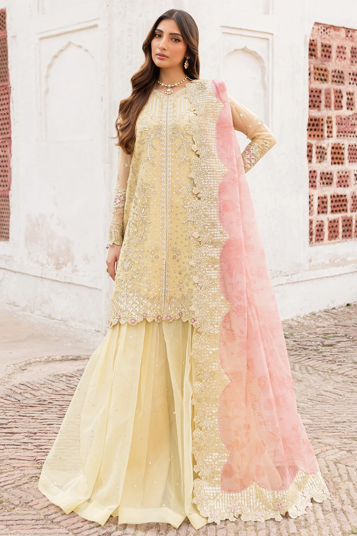 Embroidered Chiffon Party Wear - Butter Yellow
