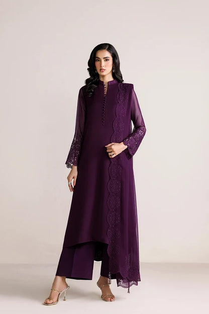 Model wearing 3 piece stitched purple embroidered chiffon suit by farasha, festive wear Austarlia