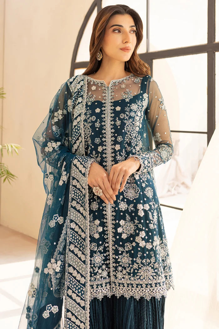 Luxury Net Suit With Crushed Lehenga - Teal Drizzer