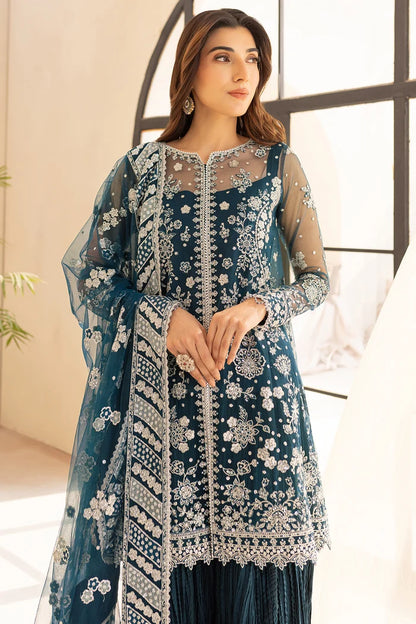 Luxury Net Suit With Crushed Lehenga - Teal Drizzer