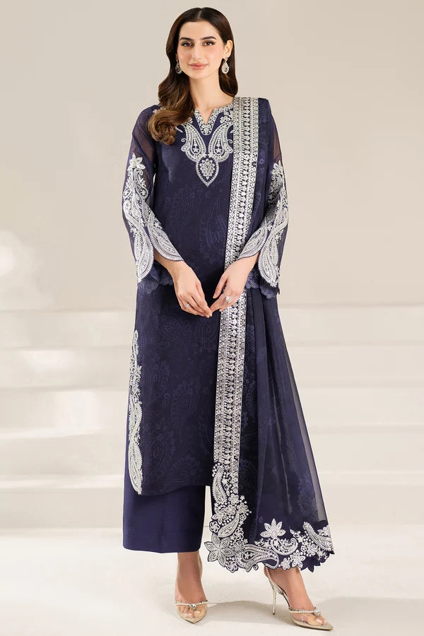 Navy Blue 3-piece stitched digital printed embroidered chiffon suit with raw silk trousers and organza pallu dupatta