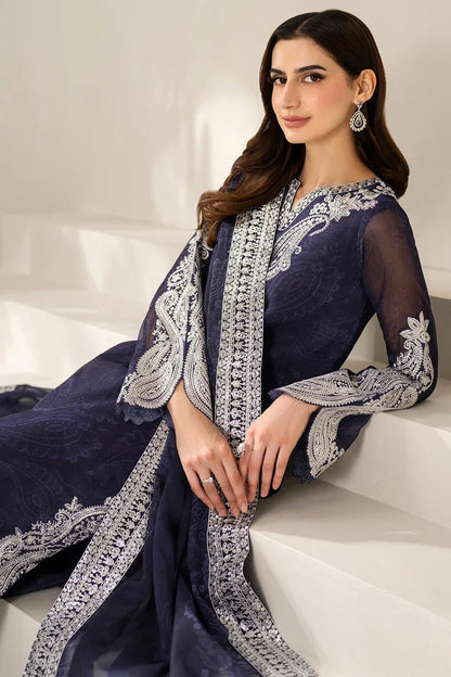 Digital Printed Embroidered Chiffon Suit - Blue Dazzle
