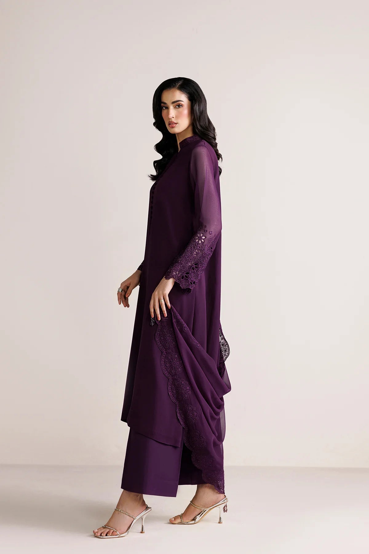 3PC Purple Embroidered Chiffon  Suit - Berry Garden