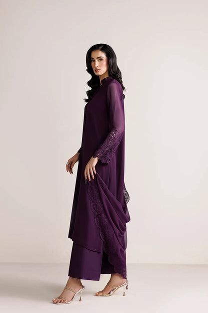 3PC Purple Embroidered Chiffon  Suit - Berry Garden