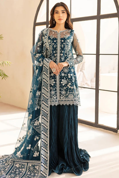 Luxury Net Suit With Crushed Lehenga - Teal Drizzer