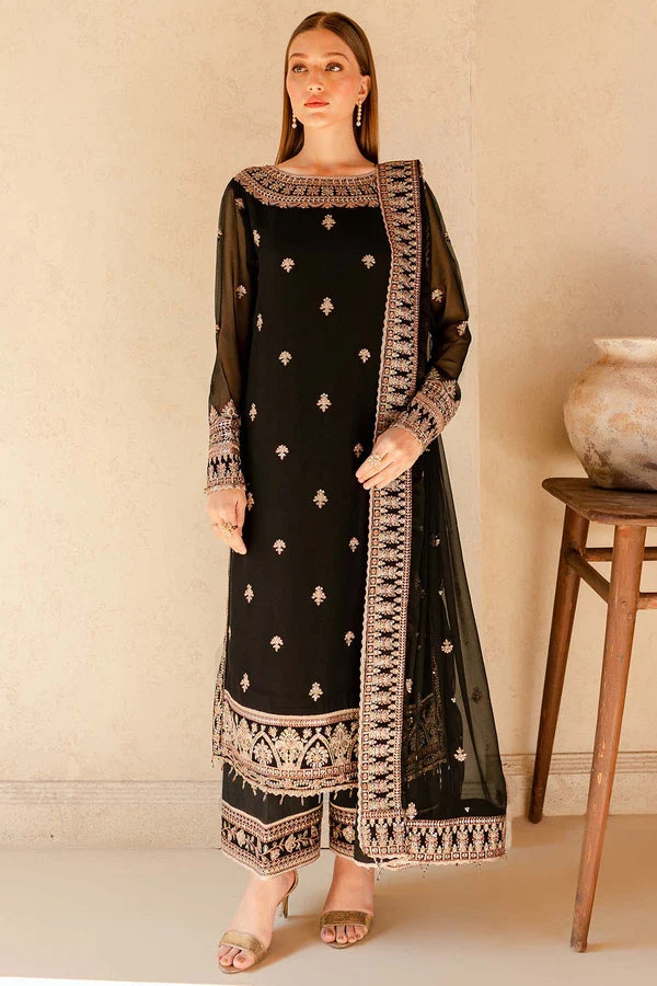 Charcoal Nova 3-piece stitched black chiffon suit with rich gold embroidery, raw silk trousers, and matching dupatta