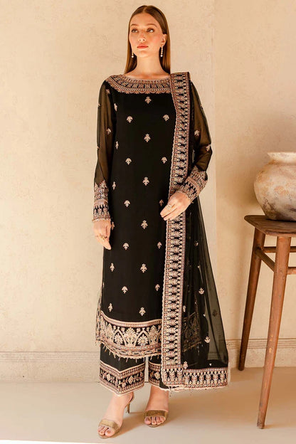 Charcoal Nova 3-piece stitched black chiffon suit with rich gold embroidery, raw silk trousers, and matching dupatta