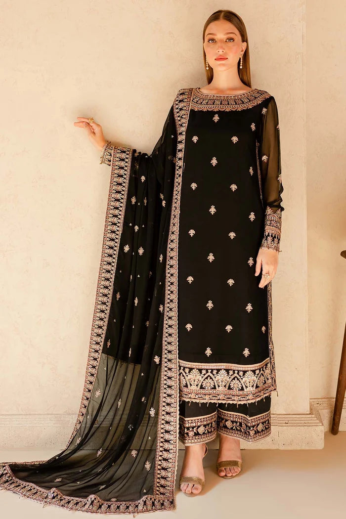 Black & Gold Embroidered Chiffon Suit - Charcoal Nova