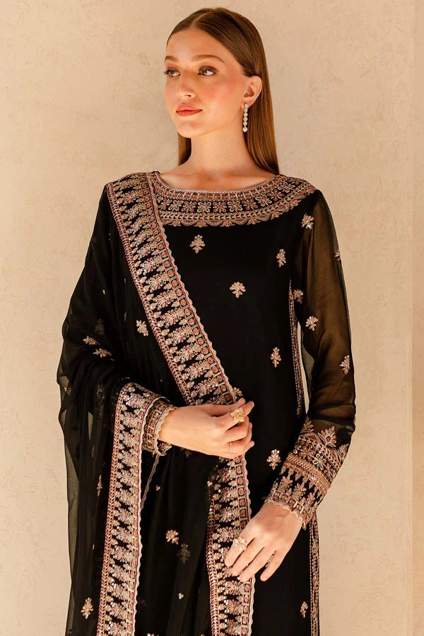 Black & Gold Embroidered Chiffon Suit - Charcoal Nova