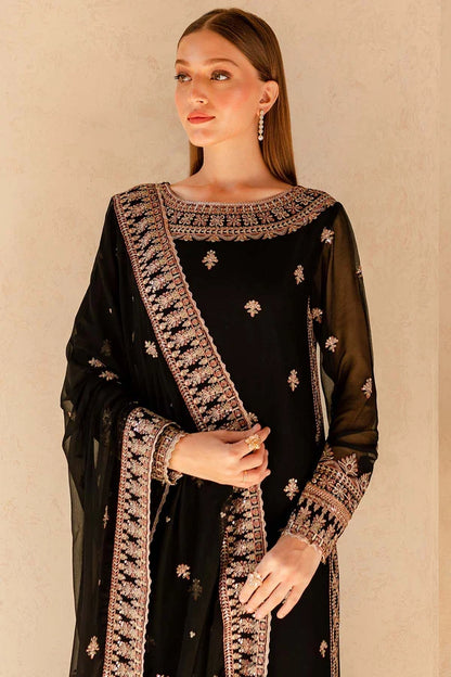 Black & Gold Embroidered Chiffon Suit - Charcoal Nova