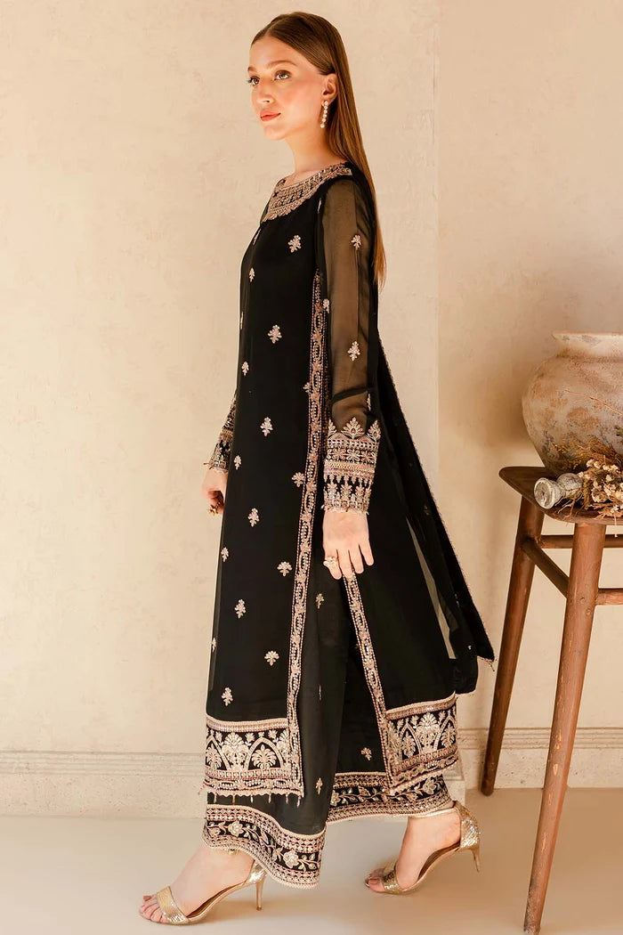 Black & Gold Embroidered Chiffon Suit - Charcoal Nova