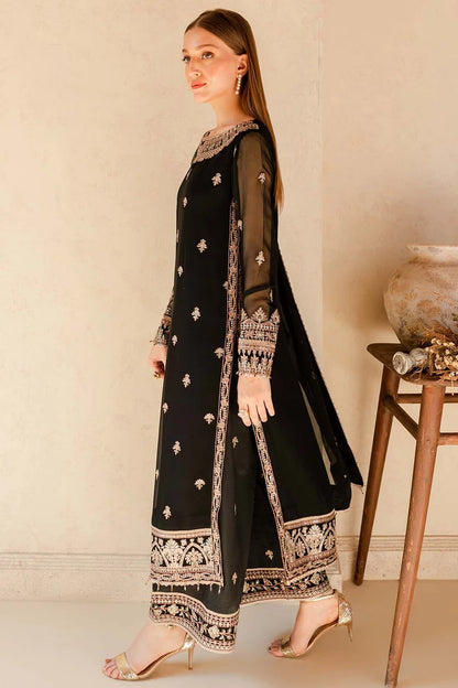 Black & Gold Embroidered Chiffon Suit - Charcoal Nova
