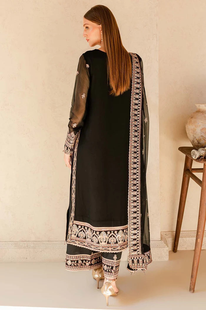 Black & Gold Embroidered Chiffon Suit - Charcoal Nova