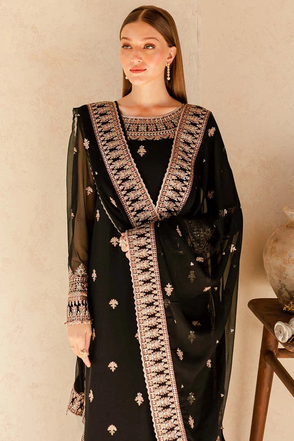 Black & Gold Embroidered Chiffon Suit - Charcoal Nova