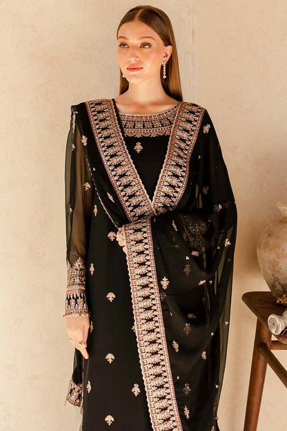 Black & Gold Embroidered Chiffon Suit - Charcoal Nova