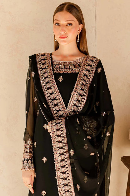 Black & Gold Embroidered Chiffon Suit - Charcoal Nova