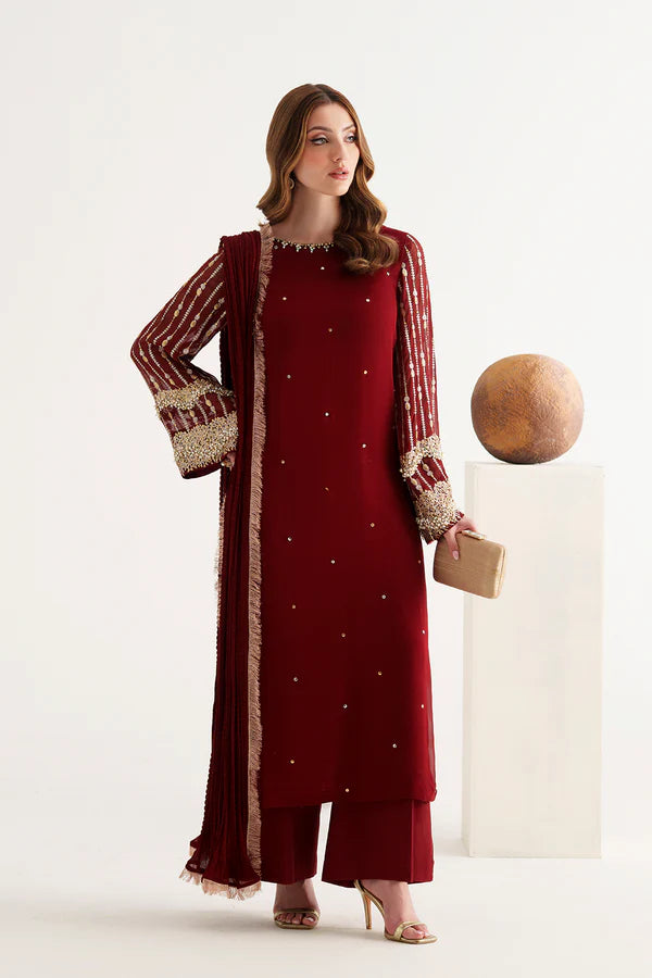 Maroon Sequined Chiffon 3-Piece Suit - AM-45