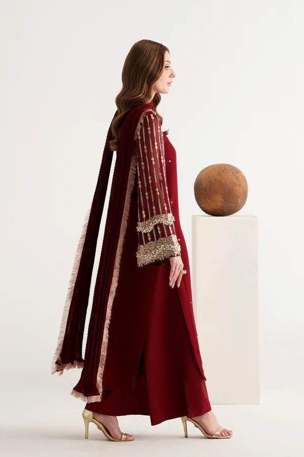 Maroon Sequined Chiffon 3-Piece Suit - AM-45