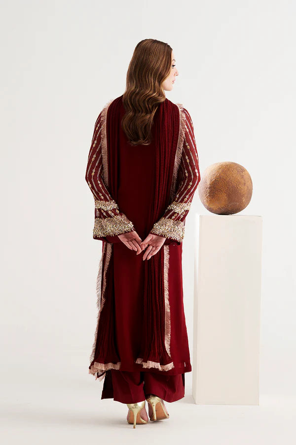 Maroon Sequined Chiffon 3-Piece Suit - AM-45