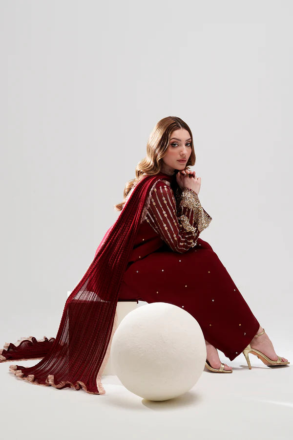 Maroon Sequined Chiffon 3-Piece Suit - AM-45