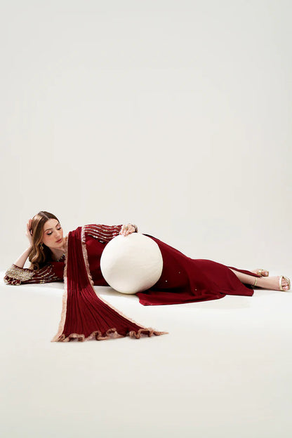 Maroon Sequined Chiffon 3-Piece Suit - AM-45