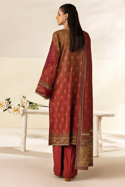 Deep Red Embroidered Linen 3PC - Noura