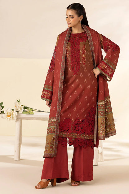 Deep Red Embroidered Linen 3PC - Noura