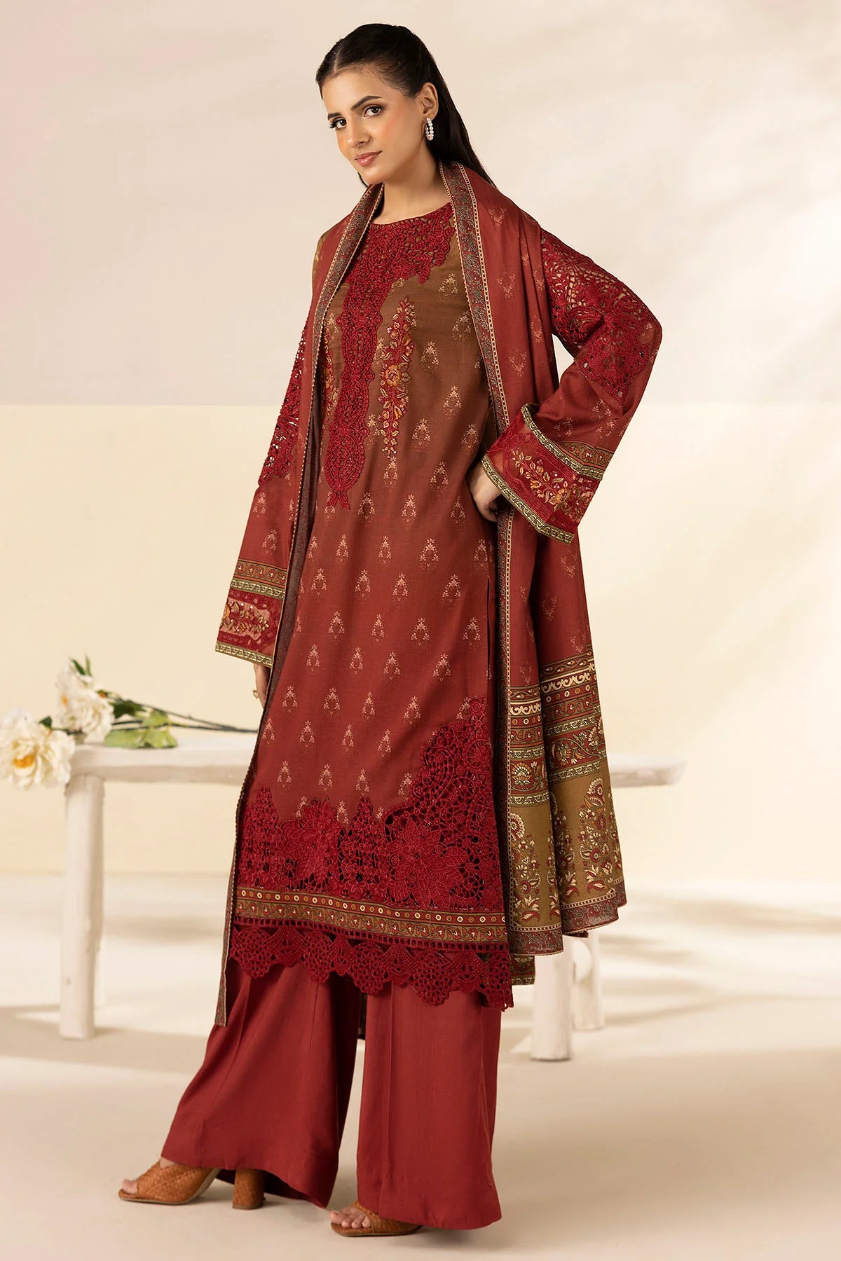 Deep Red Embroidered Linen 3PC - Noura