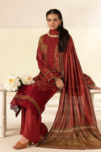 Deep Red Embroidered Linen 3PC - Noura