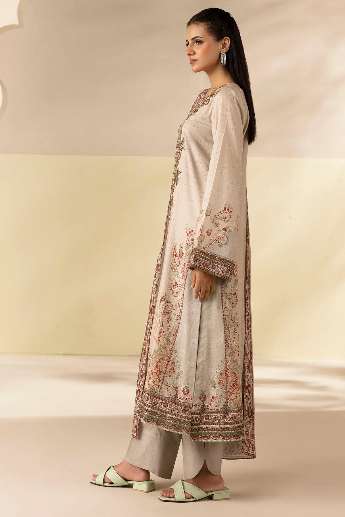Beige Embroidered Linen Pret 3pc - Zabel