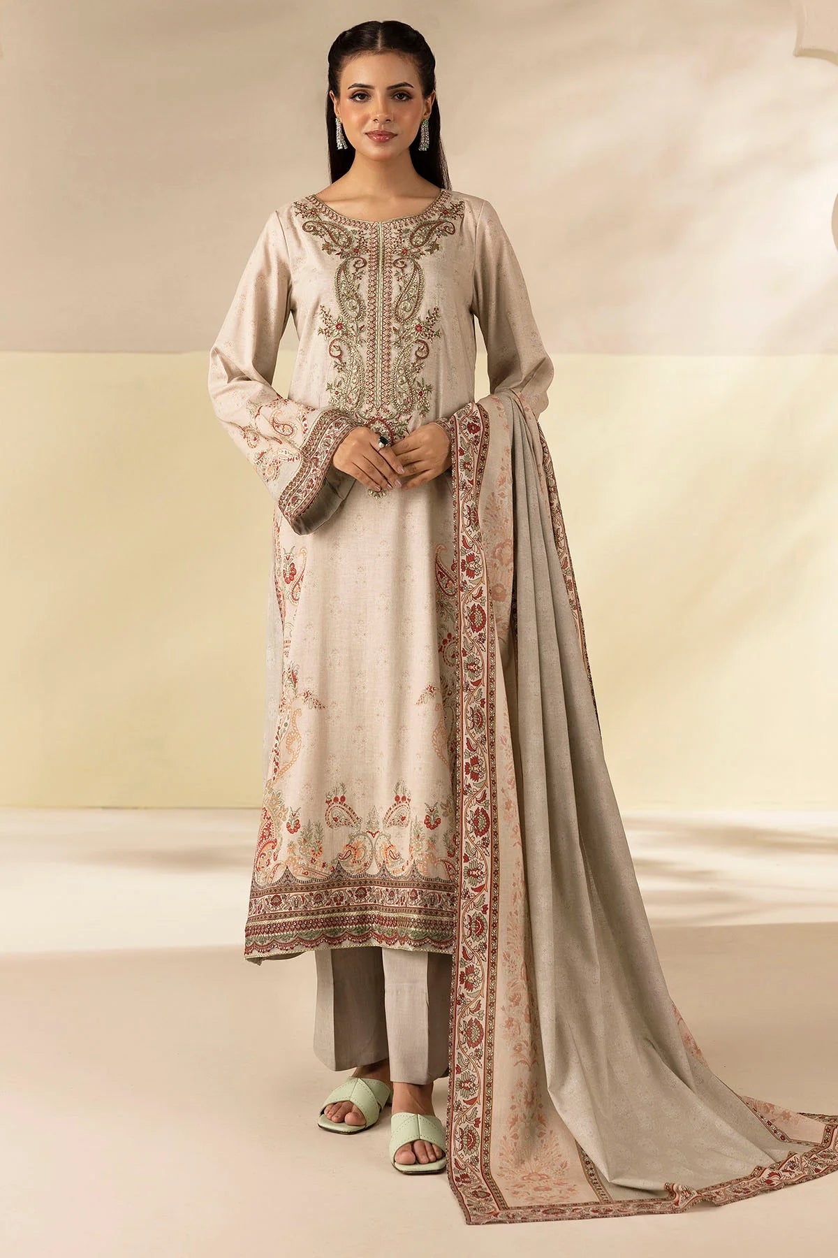 Beige Embroidered Linen Pret 3pc - Zabel