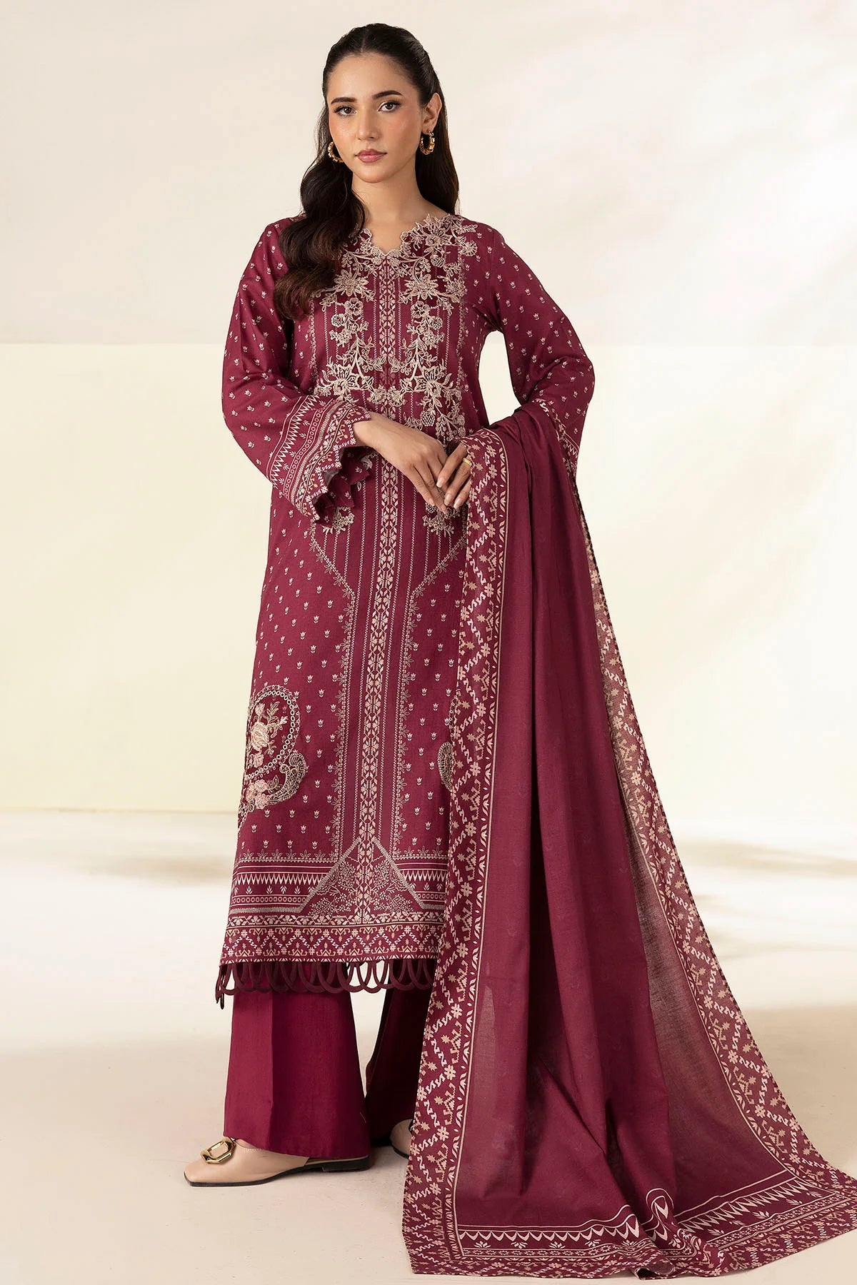 Plum Embroidered Linen 3PC - Afifa