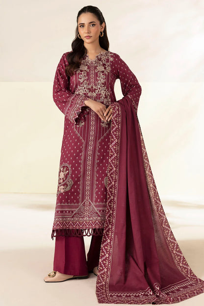 Plum Embroidered Linen 3PC - Afifa