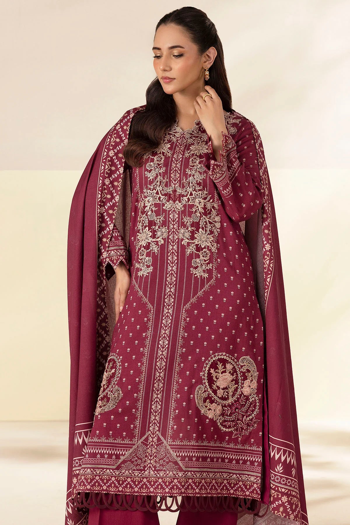 Plum Embroidered Linen 3PC - Afifa