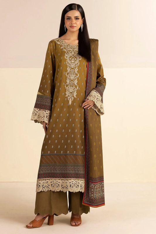 Woman wearing a traditional brown and gold embroidered outfit on a beige background