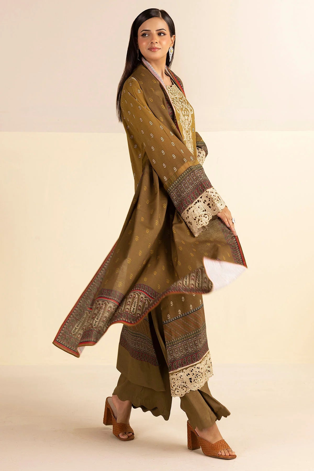 Mehandi Green Embroidered Linen 3PC - Hawa