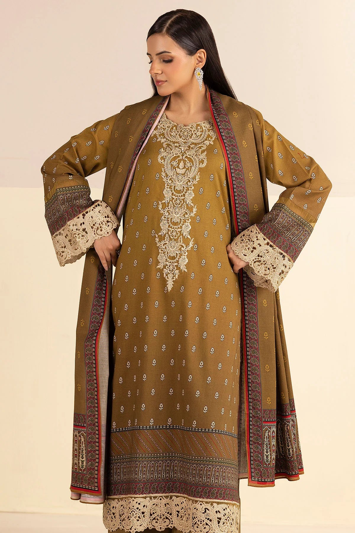 Mehandi Green Embroidered Linen 3PC - Hawa