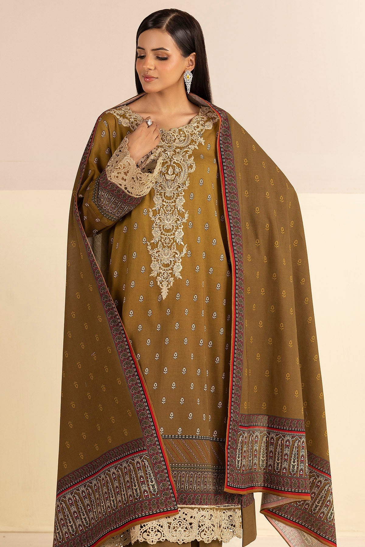 Mehandi Green Embroidered Linen 3PC - Hawa