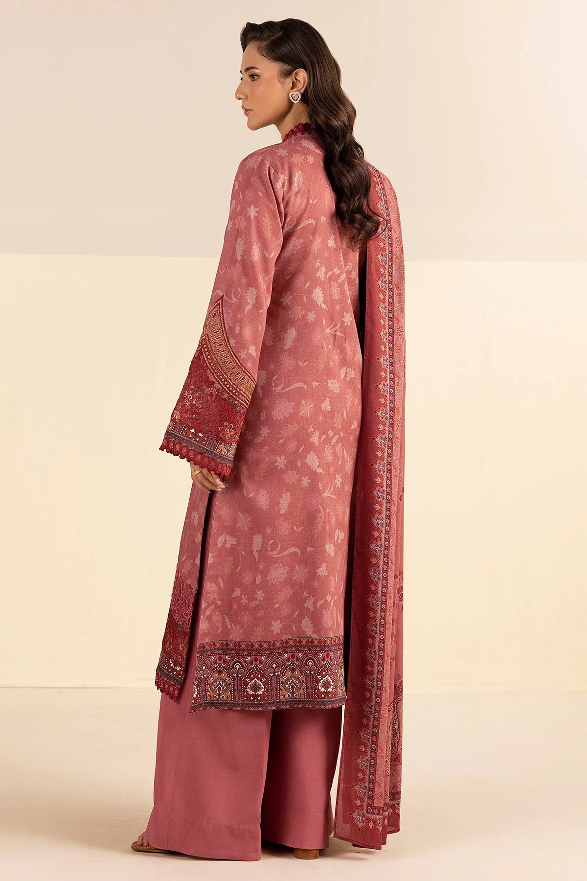 Dull Pink Embroidered Linen 3PC - Safa