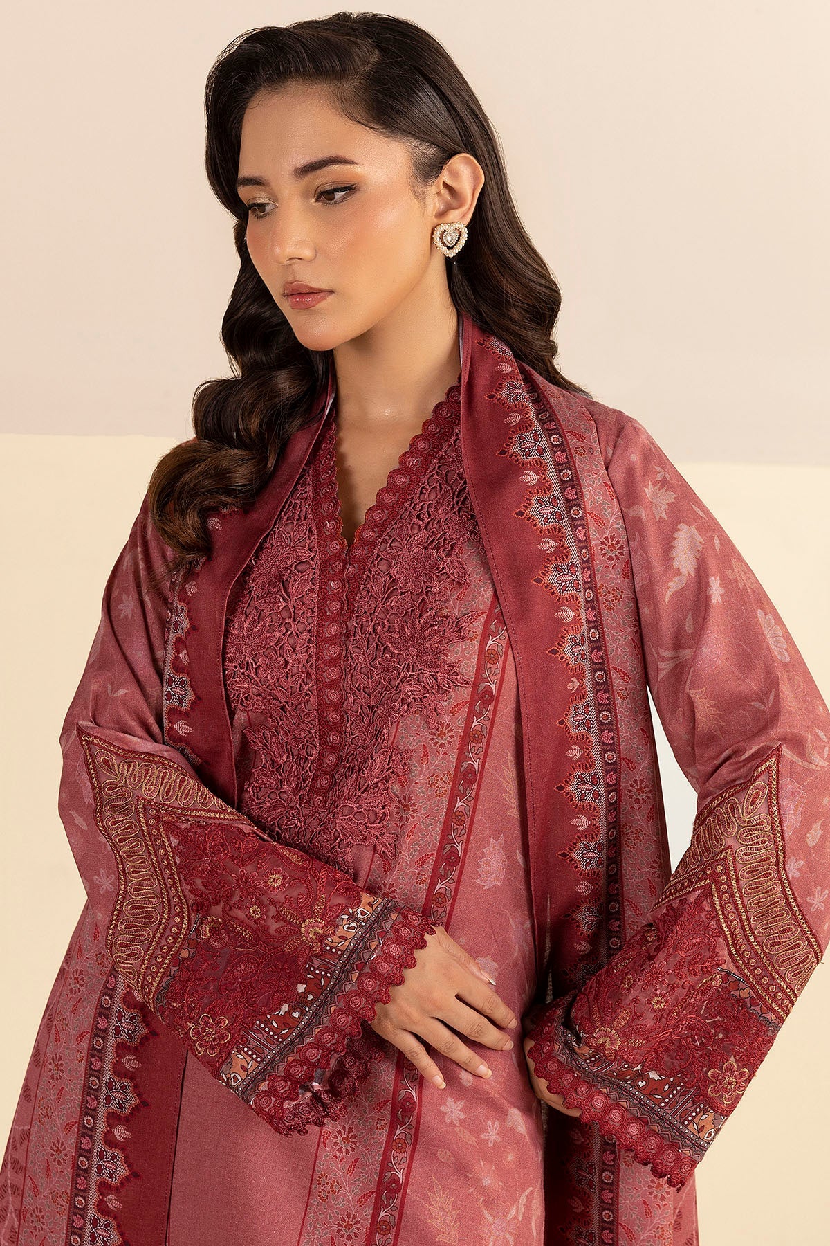Dull Pink Embroidered Linen 3PC - Safa